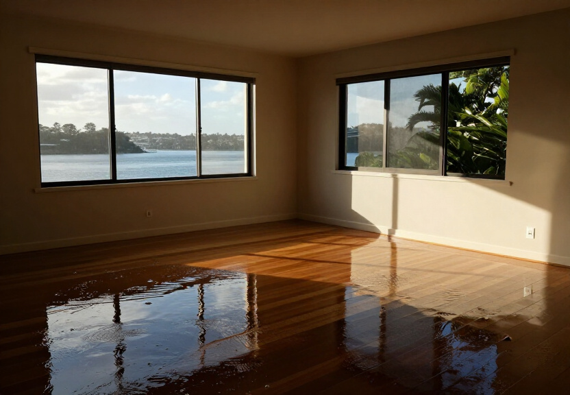 Flood damage in a Petersham North living room before restoration